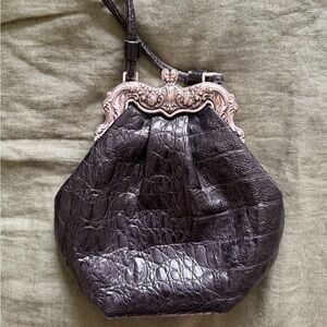 SOLD
ONE WORLD Vintage Black Croc-Embossed Clutch with Ornate Silver Frame